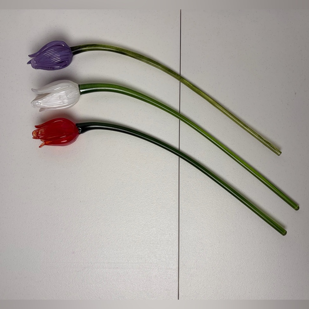 Vintage Hand Blown Glass Tulip Flowers Set 3 Curved Murano Style Art